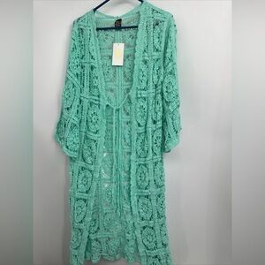Anthropologie Raj Mint Green Crochet Cardigan Kimono duster One Size